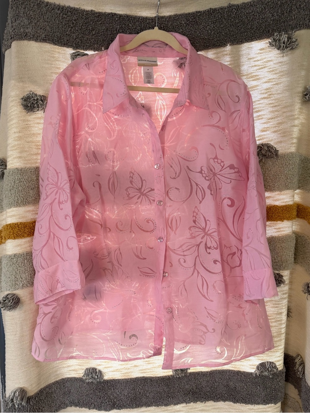 Alfred Dunner - Sheer Pink Floral Button-Up Blouse - Women Tops - 2X